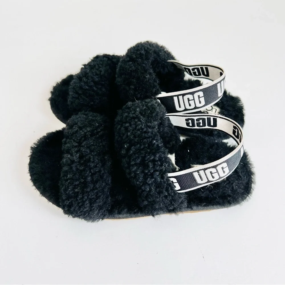KIDS UGG OH YEAH BLACK SHERPA SANDALS SLIDE SLIPPER